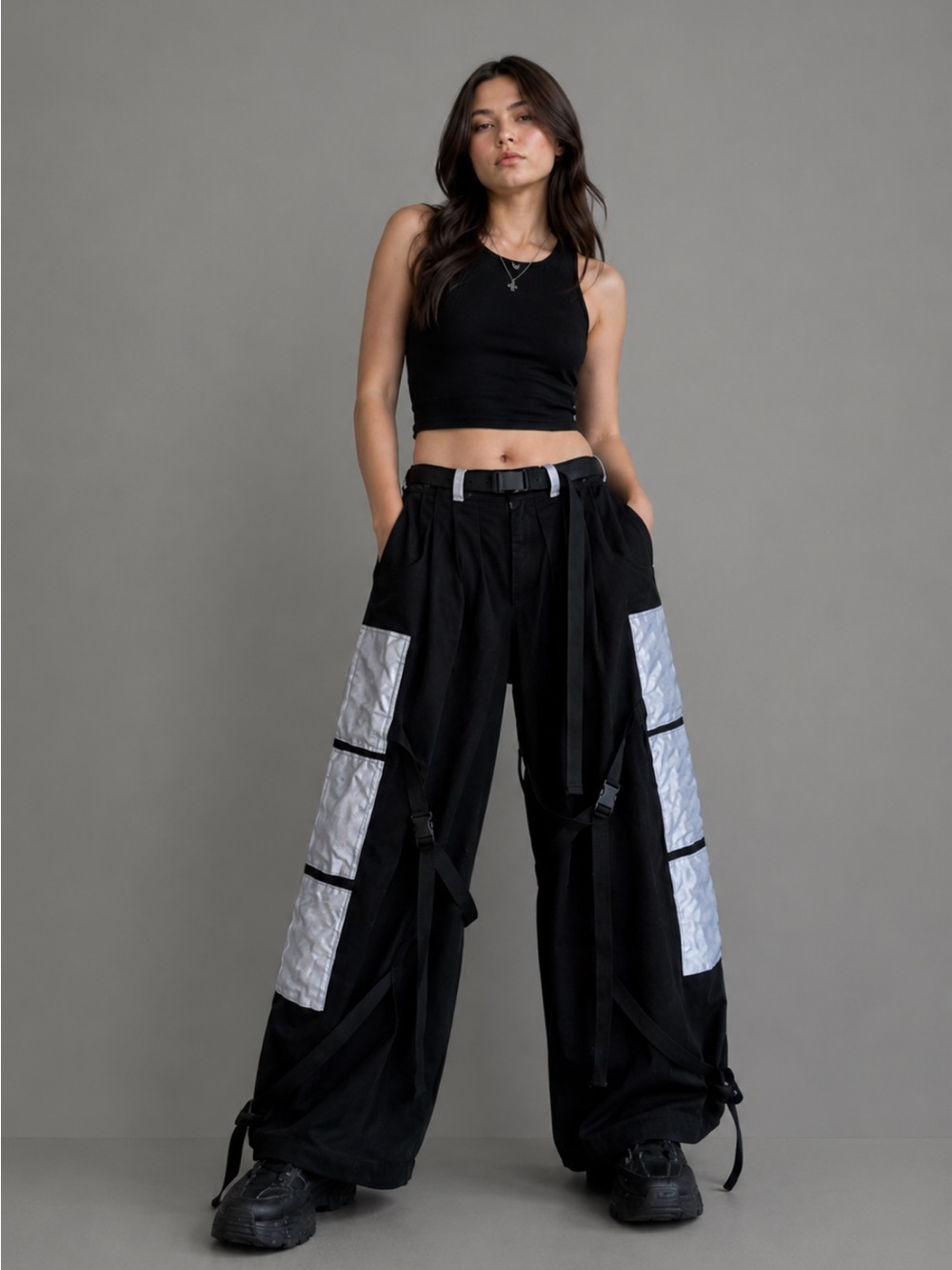 Y2K Cyber Utility Wide Leg Cargo Pants Silver Panels Straps Buckles M